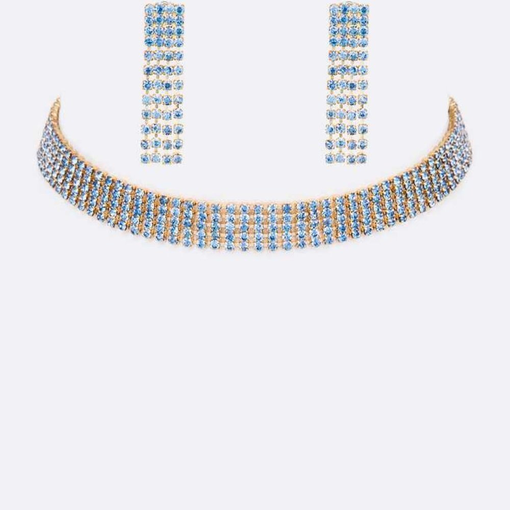 5 Row Color Crystal Rhinestone Choker Set - Gold/Blue
